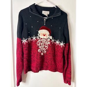 Mandal Bay Women's Holiday Santa Sweater Black Red 1/4 Zip Size Small Festive